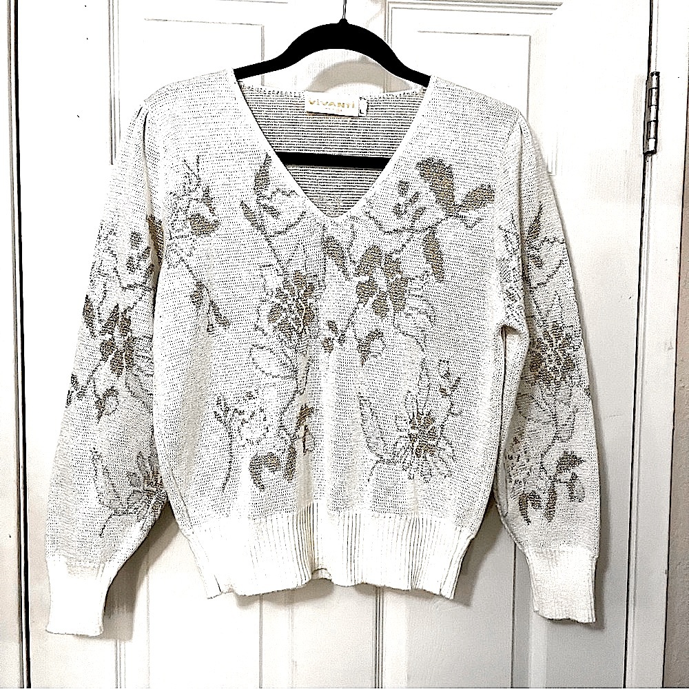 Vintage Vivanti Cream Gold Silver Metallic Floral Sweater